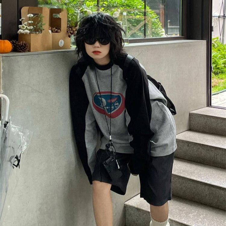 Y2K Vintage hosszú ujjú póló női harajuku utcai viselet szürke pulóverek túlméretezett retró patchwork nyomtatású pólók