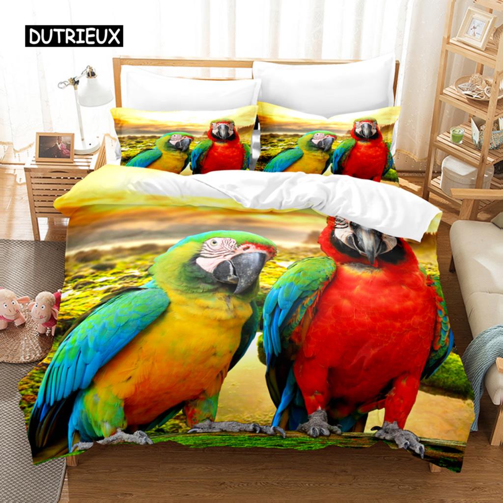 3D Parrot Duvet Cover Set Microfiber Bedding with Pillowcase King Queen Twin Luxury Animal Print Quilt Cover