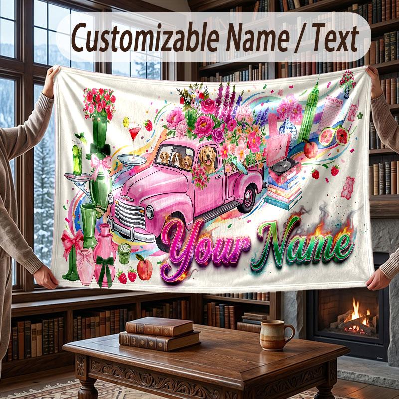 Floral Garden Theme Throw Blanket Custom Name Text Personalized Blanket Soft Cozy Blanket for Home Sofa Bed