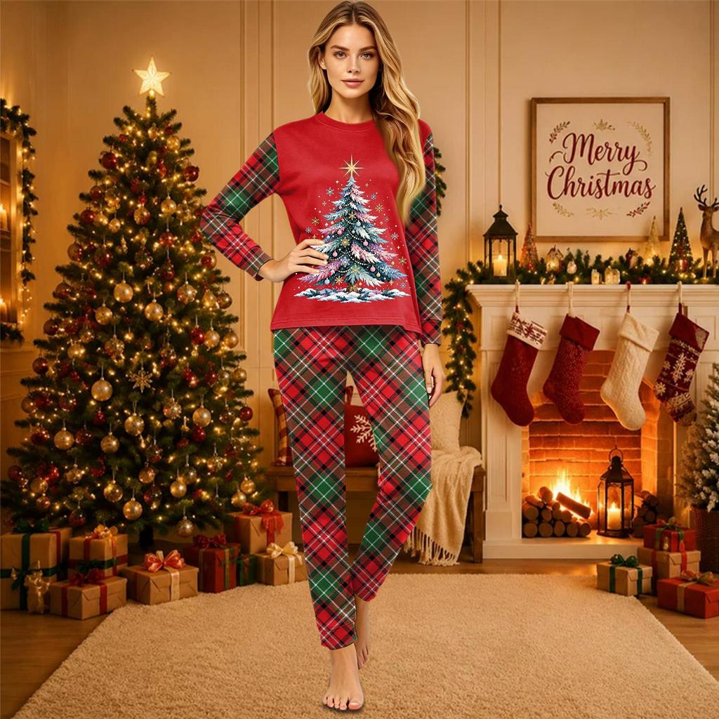 Christmas-print long-sleeve and long-pant matching family loungewear set