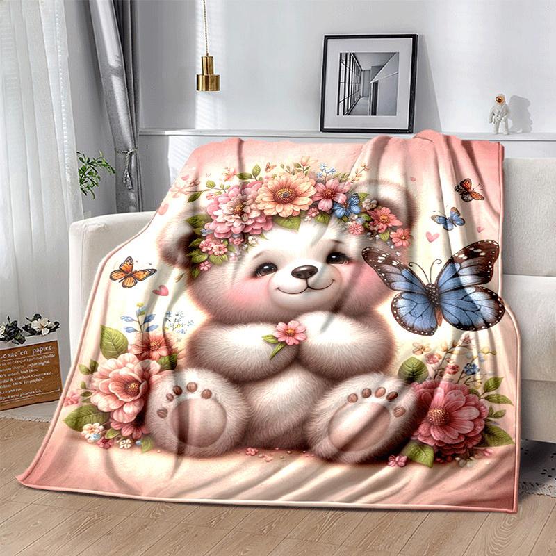 1pc Bear Butterfly Printing Lightweight Flannel Blanket, Comfortable and Warm Blanket, for Camping Sofa Bed and Couch Office, Suitable for Gi