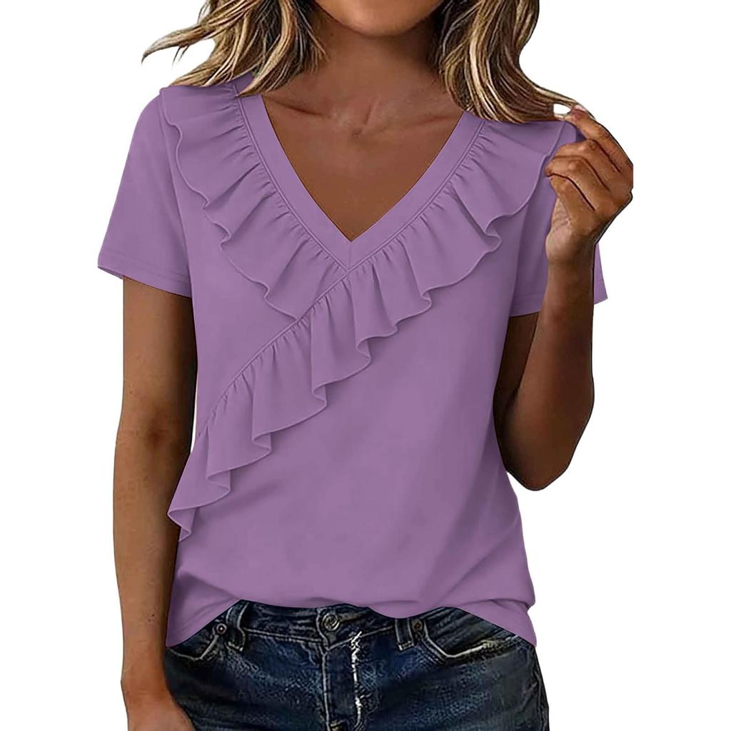 Womens Casual Short Sleeve Tops Ruffle V Neck Top Shirt