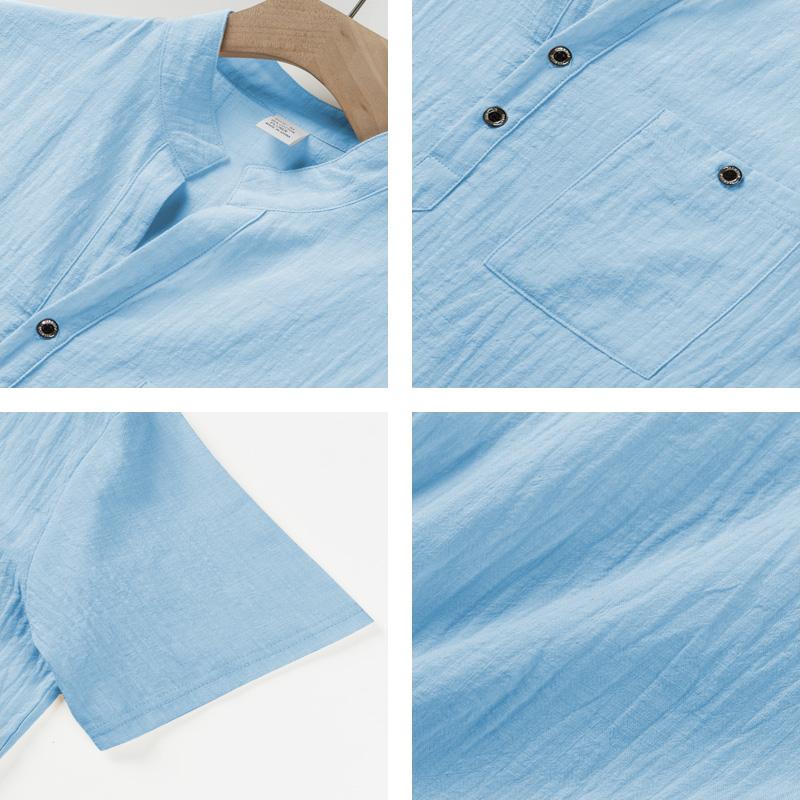 Men's Stand Up Collar Short Sleeved T-shirt Male Cotton and Linen  Casual Top Comfortable Breathable Casual Henry's Shirt