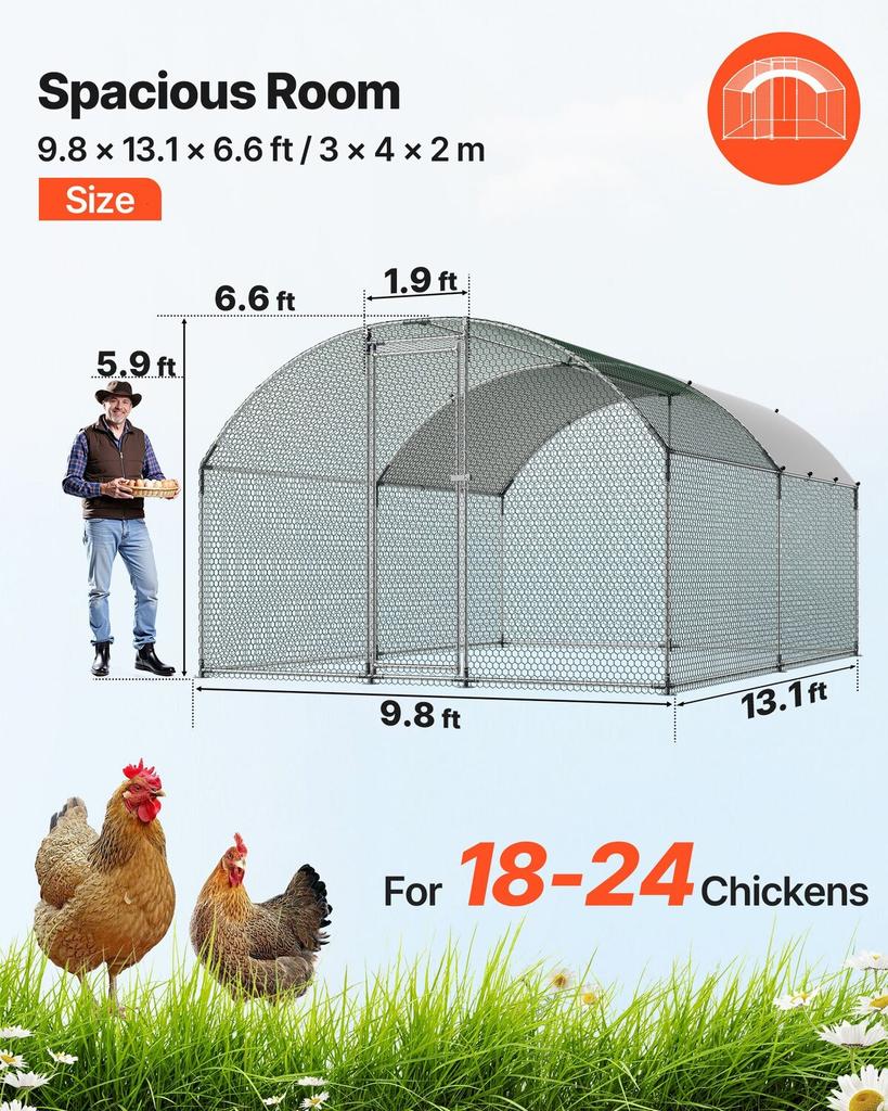 Pollaio in Metallo, 3x4x2 m Grande Gabbia per Galline Walk-in con Copertura, Recinto per Galline con Tetto a Cupola e Serratura di Sicurezza, Gabbia da Esterno per Anatre e Conigli