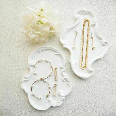 Unregelmäßiges Reinweißes Gips Tablett Retro Französischer Stil Dekoration Tabletts Zuhause Schlafzimmer Exquisites Desktop Schmuckaufbewahrungs Ornament