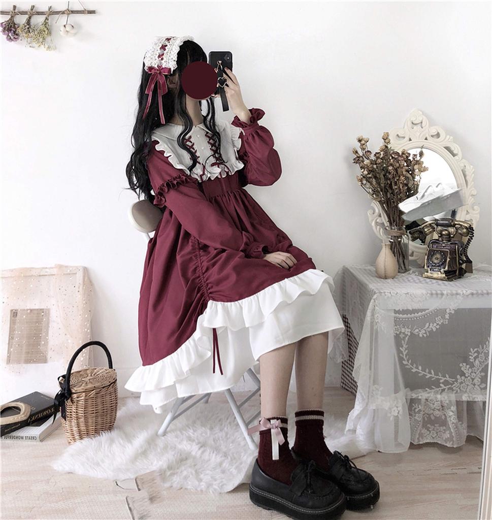 Lolita Long Sleeve Lolita Dress Cosplay Gothic Lolita Mori Girl Cute Girls Ruffles Lady Casual Wear Christmas Halloween Costume Lady Head Dress