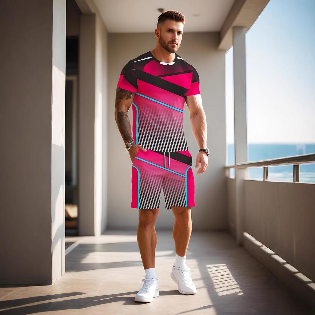 T-shirt da Uomo Manica Corta Pantaloncini Set Due Pezzi Stile Resort Moda Estate Stampa 3D