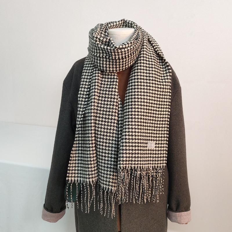 Houndstooth Scarf for Women Winter New Black and White Tassel Korean Version Versatile Warm Student High End Scarf