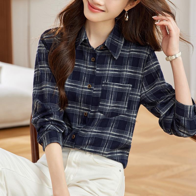 

Ретро Универсальная Матовая Клетчатая Рубашка для Женщин Весной Новинка Нишевый Повседневный Топ Высокого Класса XXL