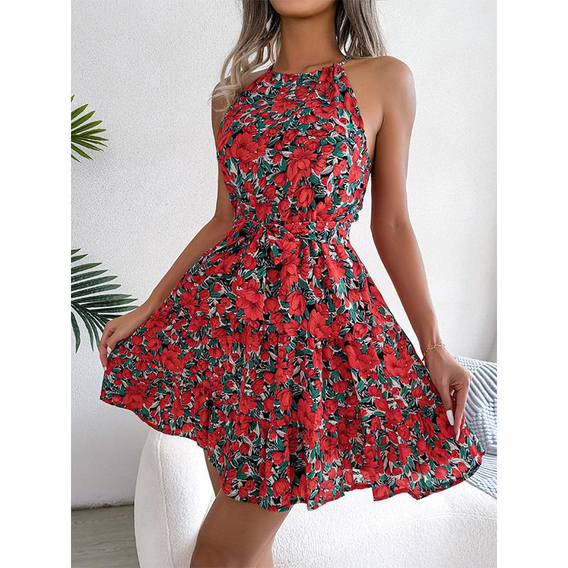 Women s Flutter Hem Floral Print Maxi Dress Ruffle Layer Casual Beach Vacation Spring Summer S красный