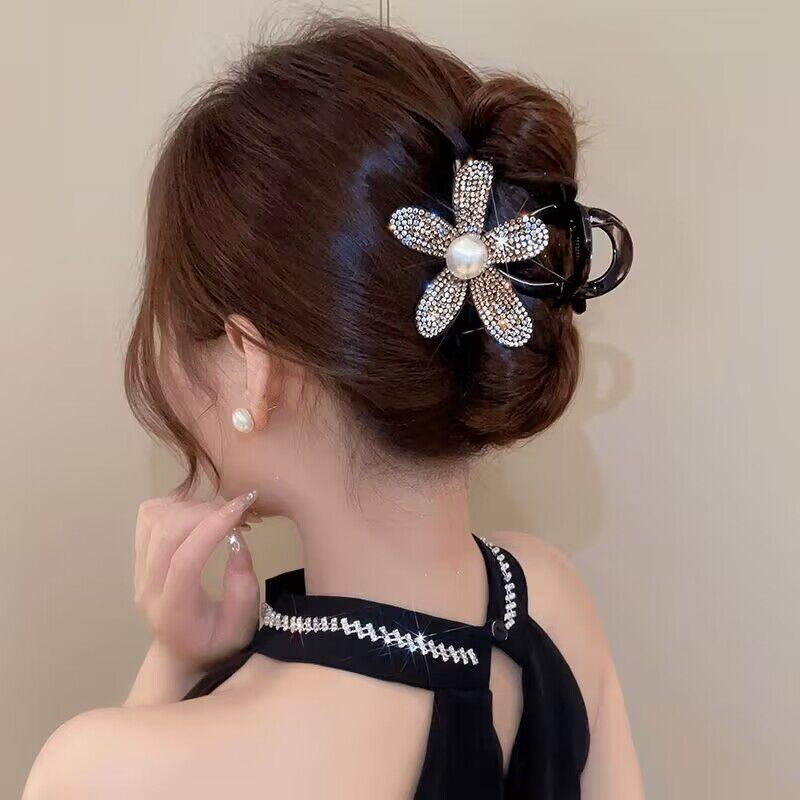Neuer koreanischer Strass Haarspangen-Clip Stirnband Elegante Blume Haar-Krabbe Haarklammern für Damen Kopfschmuck Haarschmuck Pferdeschwanz Haarspangen