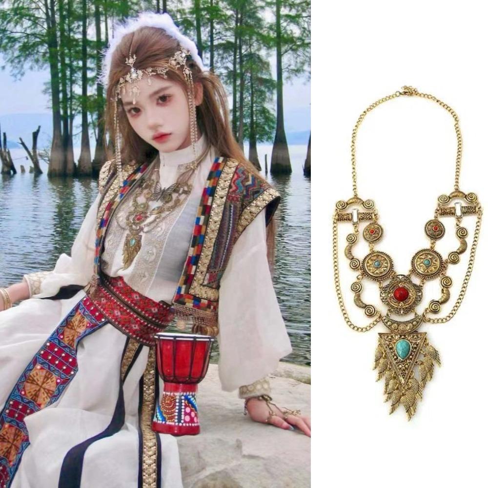 Geometric Bohemia Tassel Necklace Colorful Stone Tibetan Metal Necklace Sweater Chains Party