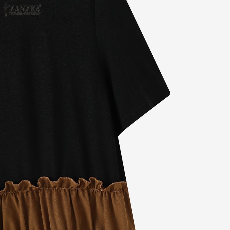 ZANZEA Rochie Casual Femei cu Gât Rotund, Mânecă Scurtă, Imbinare cu Dungi, Largă