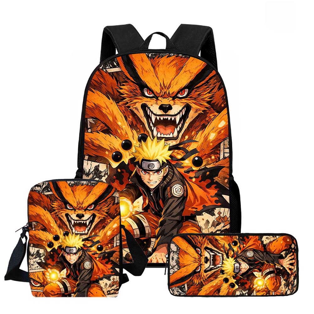 3Pcs Set Kids Backpack with Crossbody Bag & Pencil Bag, Cartoon NARUTO Lightweight School Bag for Boys & Girls Aged 5-9