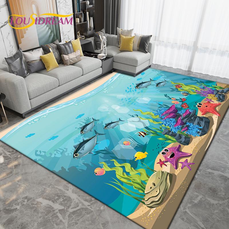 Ocean Underwater World Fish Dolphin Octopus Area Rug,Carpet Rug for Living Room Bedroom Sofa,Kitchen Bathroom Non-slip Floor Mat