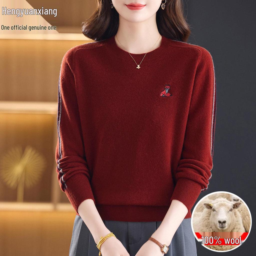 Hengyuanxiang 2025 Women's 100% Pure Wool Round Neck Sweater - Versatile Knit Top for Outerwear or Innerwear