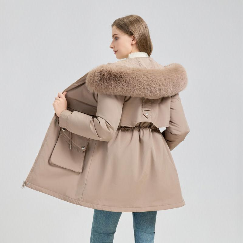 Mid Length Hooded Parka Coat Women's Winter Fur-Lined Coated Warm Cotton Coat
