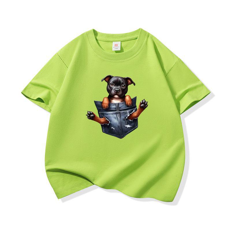Kids Cotton T Shirt Adorable Pocket Staffordshire Dog Pattern Print Crew Neck Short Sleeve Tee Casual Boys Girls Summer Tops