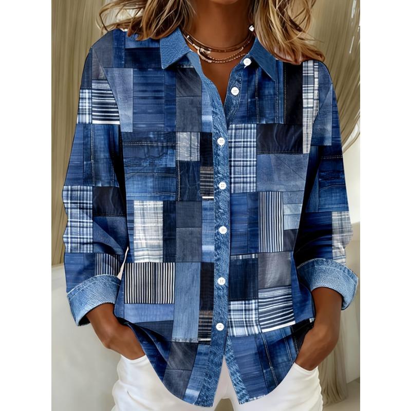 Casual Fashion Color Block Mottled Print Women'S Button Long-Sleeved Shirt Cardigan Top
