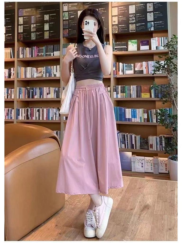 2026 Summer Women's High-Waisted Ice Silk Wide-Leg Pants - Korean Style Casual Loose Skirt Pants