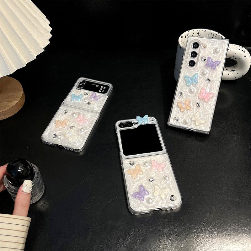 Colorful Butterfly Pearl Rhinestone Mobile Phone Case for Zflip6 Flip Folding Zfold7 Female New Model