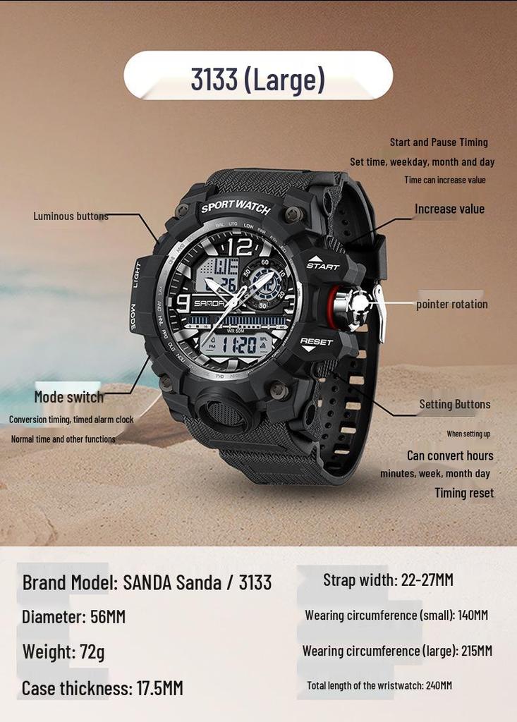 Sanda Korean Style Multi-Functional Luminous Sport Wristwatch for Couples