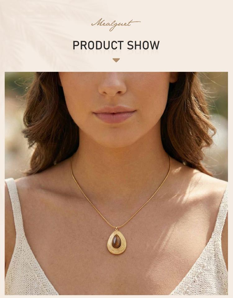 Natural Stone Necklace Stainless Steel 18K Gold Plated Geometric Tiger Eye Lapis Lazuli Pendant Women Vintage Jewelry