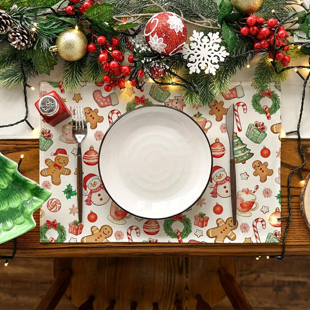 4/6pcs Set Winter Gingerbread Gift Christmas Tree Gift Box Star Pattern Christmas Placemat Seasonal Everyday Holiday Decoration for Home Kitchen