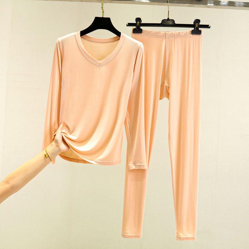 Modal Autumn Suit Women's Spring & Fall Thin Plus Size Pure Color Long Sleeves T-Shirt Inner Wear Tight Thermal Top Thermal Pants