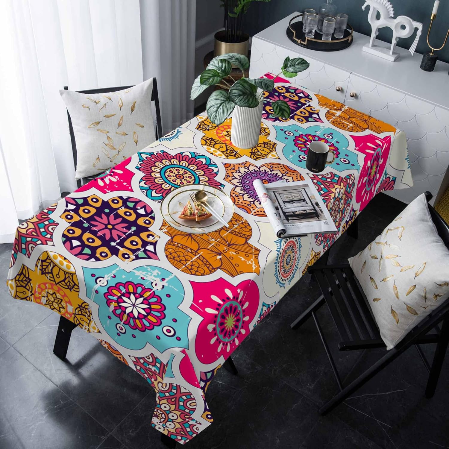 Nappe Rectangle Imperméable Mandala Floral Bohème Décor de Table Réutilisable Tissu de Table de Cuisine Salle à Manger Décor de Fête de Vacances 140x140cm