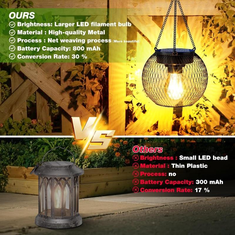 Solar Lanterns Outdoor Waterproof Metal Hanging Lights with Hooks Auto On/Off Warm Lighting for Porch Garden Yard Pathway Patio Landscape Decor