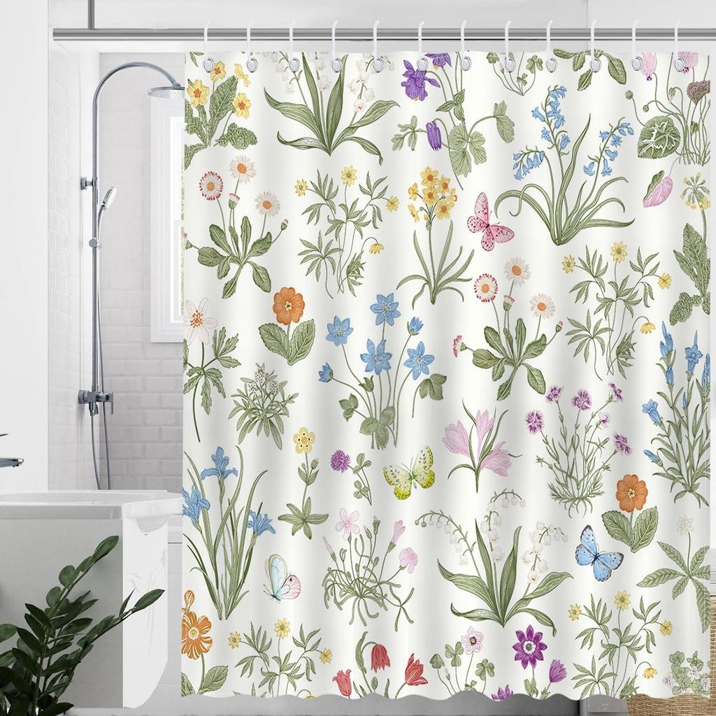 Vintage Floral Shower Curtain Retro Boho Floral Green Plant Bathroom Shower Curtain Flower Waterproof Fabric Bathtub Curtain