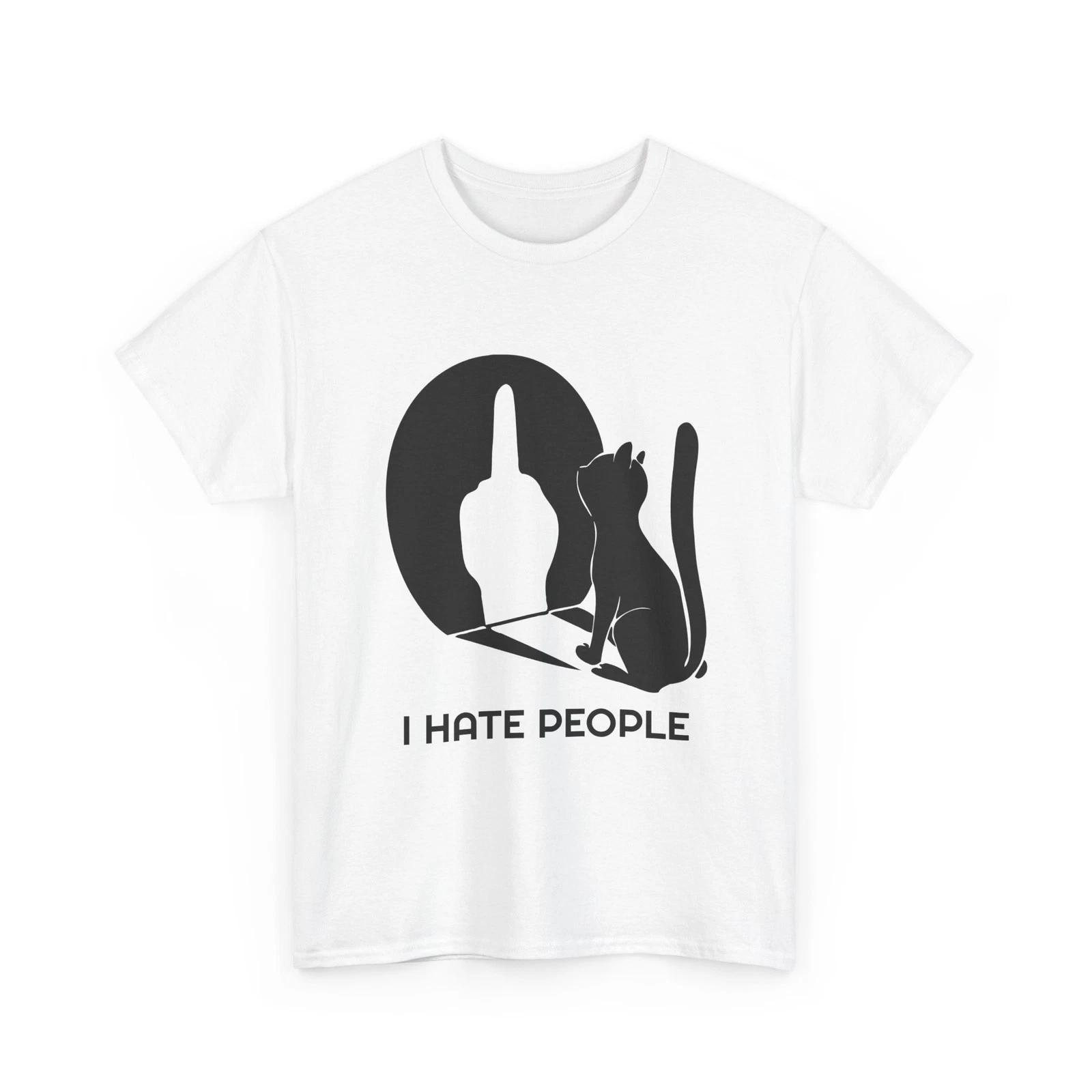 100% Cotton T-shirt Mens Tees Top I hate people funny cat in shadow 100% cotton M