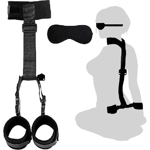 BDSM Neck to Wrist Restraints Bondage Set - Behind Back Handcuffs Collar with Blindfold Adjustable Bondage Set Bed SM Games Play Sex Toys for Couples