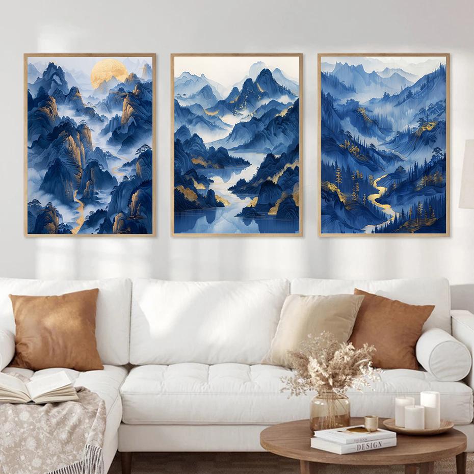 Landscape Blue Mountain Tree Forest Pine Temple River Gold Sun Poster Canvas Painting Print Wall Art for Living Room Home Decor