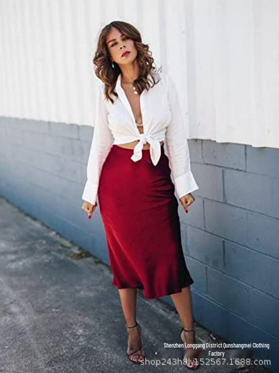 Women's High-Waist Satin Midi Skirt - Elegant Solid Color with Zipper