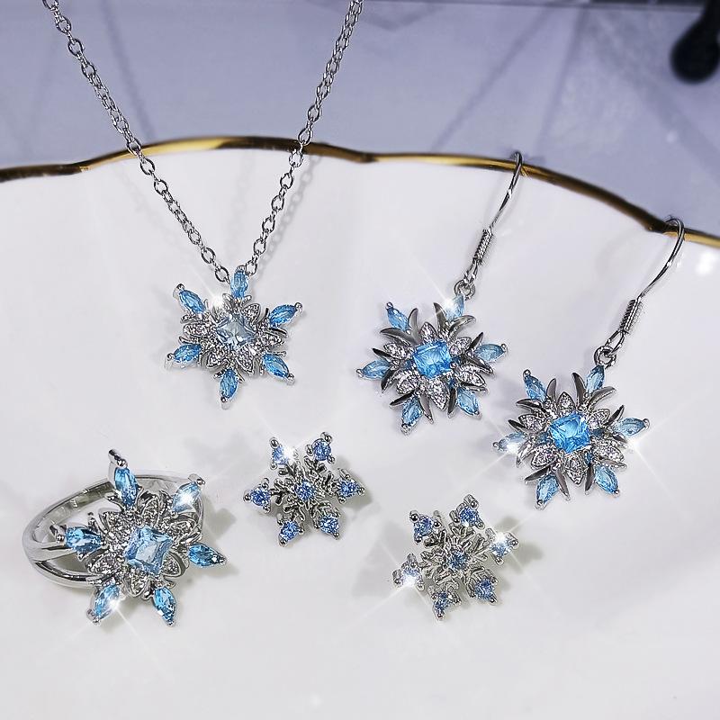Silver Classic Snowflake Ring Shape Blue Zircon Wedding Jewelry Set Female Earring Necklace Ring Three-piece Set