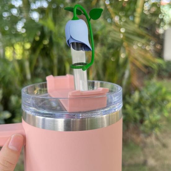 Rose Flower Straw Cover BPA Silicone Spill Reusable Dust-proof No Free 6-10MM Tumbler Straw