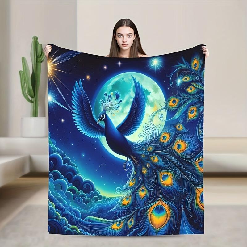 Moonlight Peacock Digital Printed Fleece Blanket - Soft and Warm Suitable for Bedroom, Car, Outdoor Sofa,Travel, Office, Camping