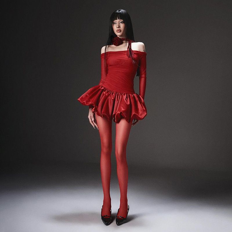 

New Year Christmas Autumn and Winter New Flower Buds Short dress Solid Slim fit Street Fashion off-Neck Long sleeve dress Women Red L