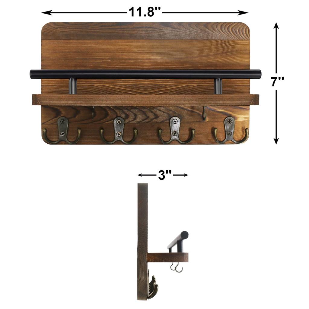 Wooden Key Holder and Mail Organizer for Entrance Decorative Wall Mounted Key Hangers Shelf Hanging Keys Sunglasses Dog Leash