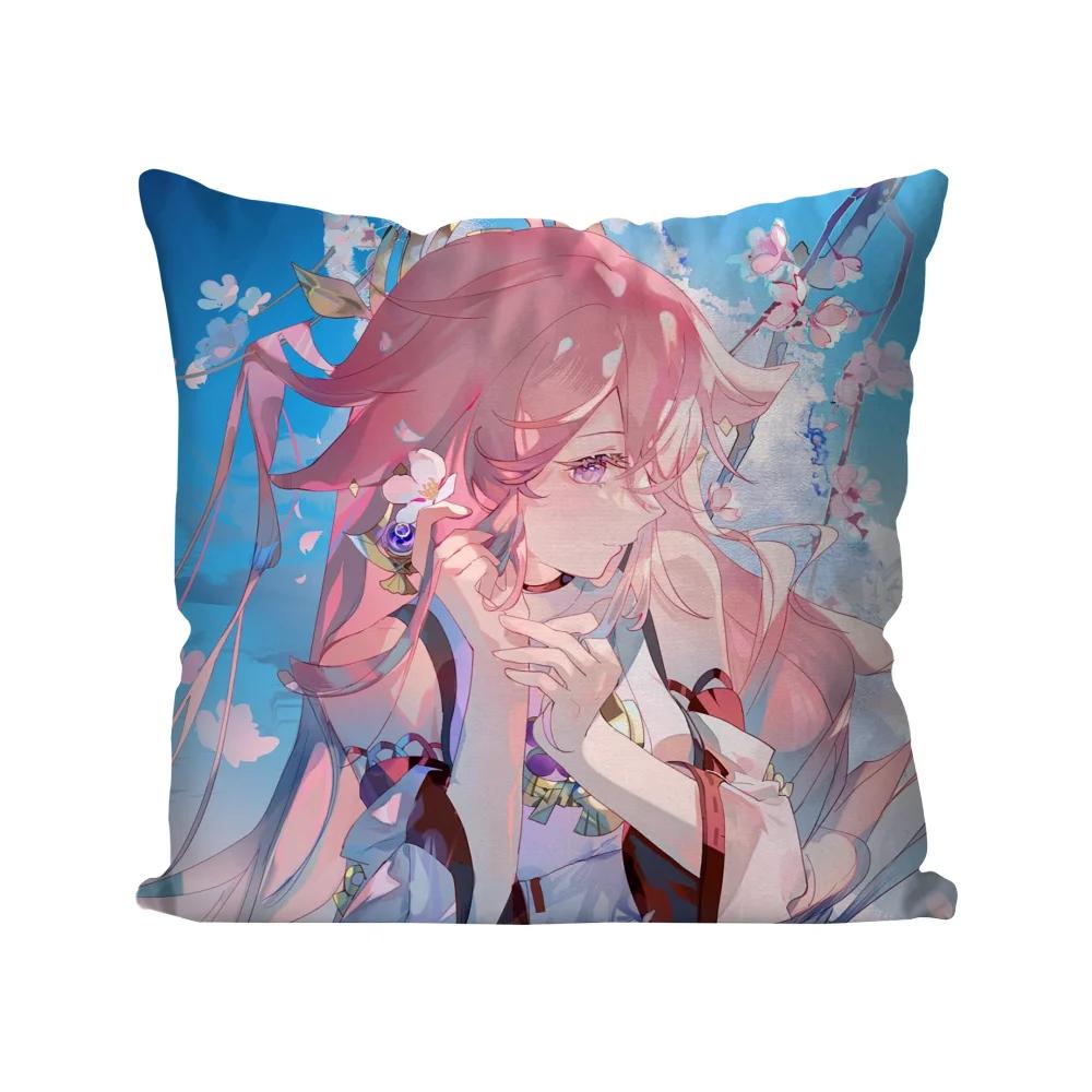 Yae Miko Animation Game G-Genshin I-Impact Pillow Case Square Pillow Bedroom Sofa Leisure Car Living Room Home Decoration 40X40