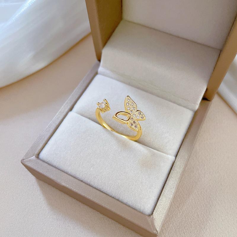 Real Gold Empty Butterfly Full Diamond Ring Opening Adjustable Simple Jewelry Japanese Ring Couple Ring