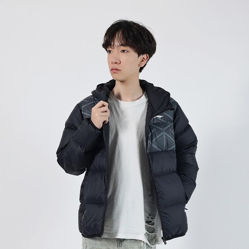 Li Ning Stolní tenisová série Teplá Větruodolná Barevný blok Tištěné logo Bunda s kapucí Krátká péřová bunda Unisex Bunda Černá AYMT023-2