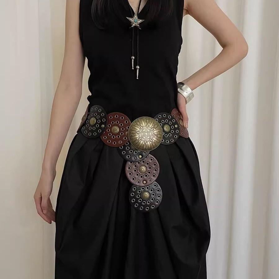 Retro Western Pu Leather Belt For Women With Metal Conchos And Rivets For Dress Accessories