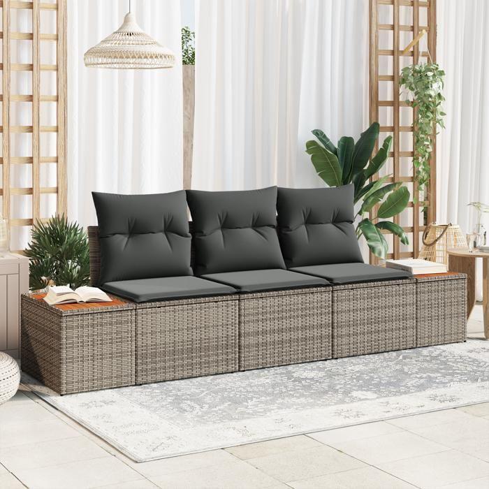 VidaXL Ensemble 3 Canapés de Jardin avec Coussins Gris Poly Rattan Acacia 3348015