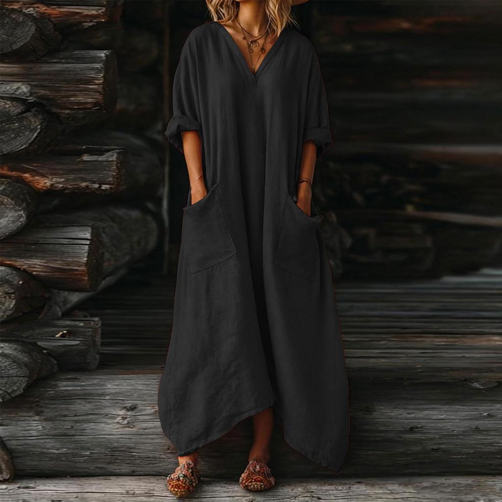 Women's Color V-neck 3/4 Sleeve Cotton Linen Loose Fitting Button Pocket Dress