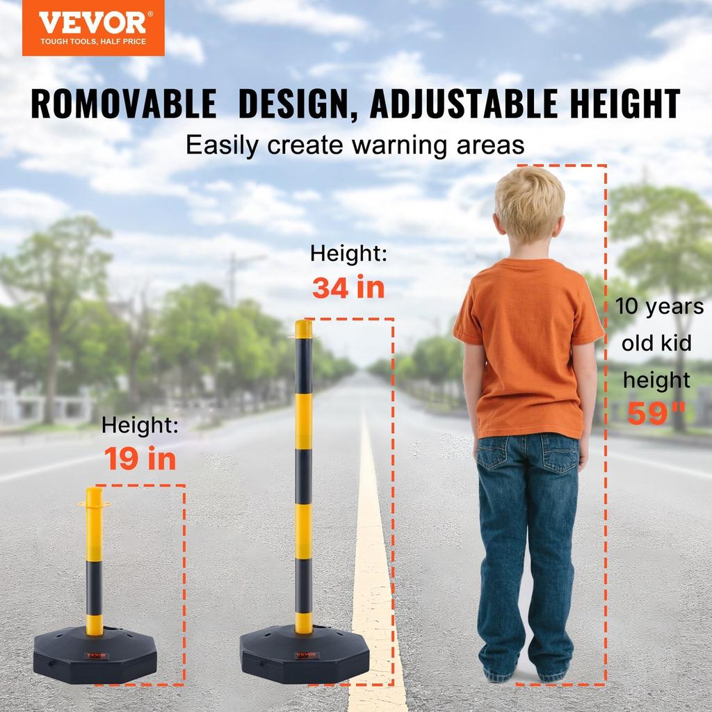 Adjustable Traffic Delineator Post Cones, 4 Pack, Traffic Safety Delineator Barrier with Fillable Base 8FT Chain, for Traffic Control Warning Parking