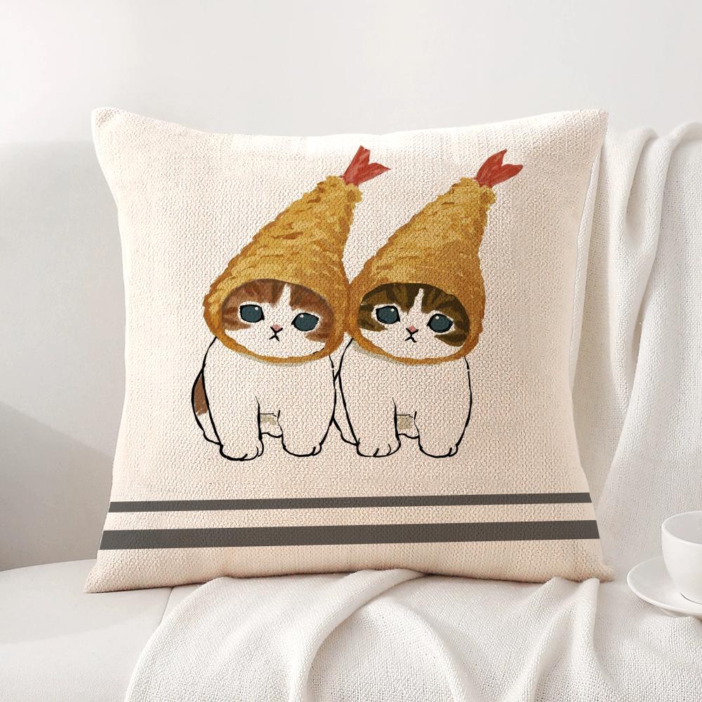 Cute Cat Cartoon Animal Cushion Cover Natural Linen Organic Fabric DoubleSided Printing Sofa Home Decor Breathable Bed Pillow