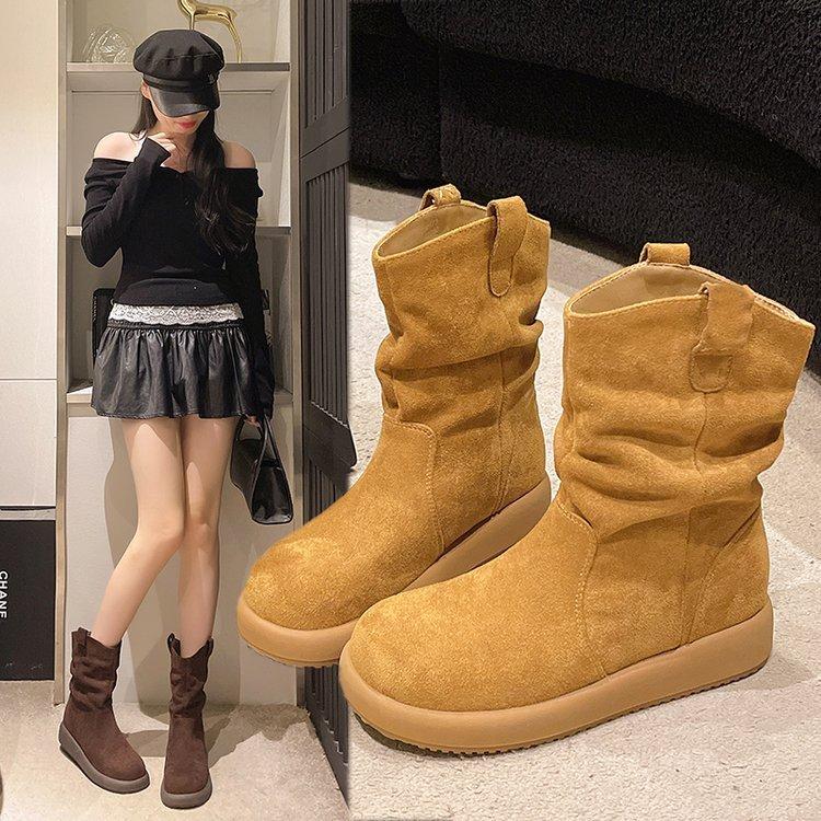 Cowhide Version Barn Style Retro Gold V Western Boots Stacking Boots Short Boots Women's Shoes Soft Sole Fashion Boots 2025 New